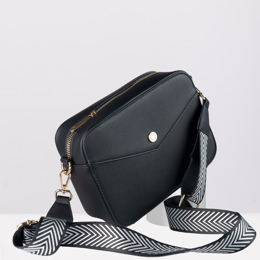 Black camera bag with feature strap
